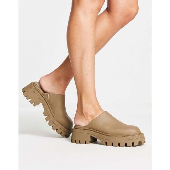 ASOS Design Women’s Marvin Chunky Flat Mules in Khaki Tan - Picture 1 of 10